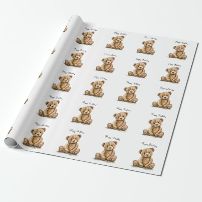 Papier Cadeau Aquarelle mignonne Ours en peluche Anniversaire (Déroulé)