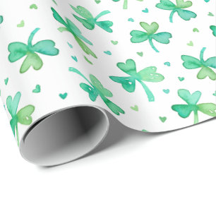 Papier Cadeau Aquarelle mignonne Shamrocks et Coeurs vert blanc