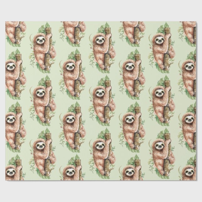 Papier Cadeau Aquarelle mignonne Sloth & Feuilles tropicaux (Plat)