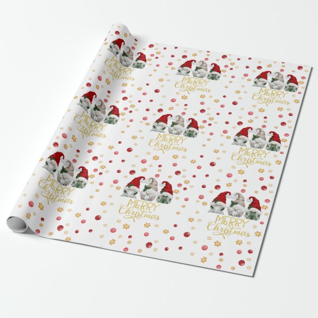 Papier Cadeau Aquarelle mignonne trois gnomes Joyeux Noël (Déroulé)