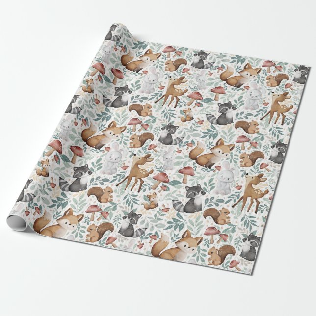Papier Cadeau Aquarelle mignonne Whimsical Amis animaux de bois (Déroulé)