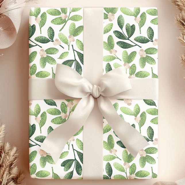 Papier Cadeau Aquarelle Mistletoe Élégante Green Floral Holiday (Créateur téléchargé)