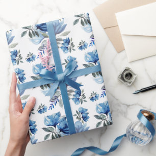 Papier Cadeau Aquarelle moderne bleue Fleurs Abstraites Art