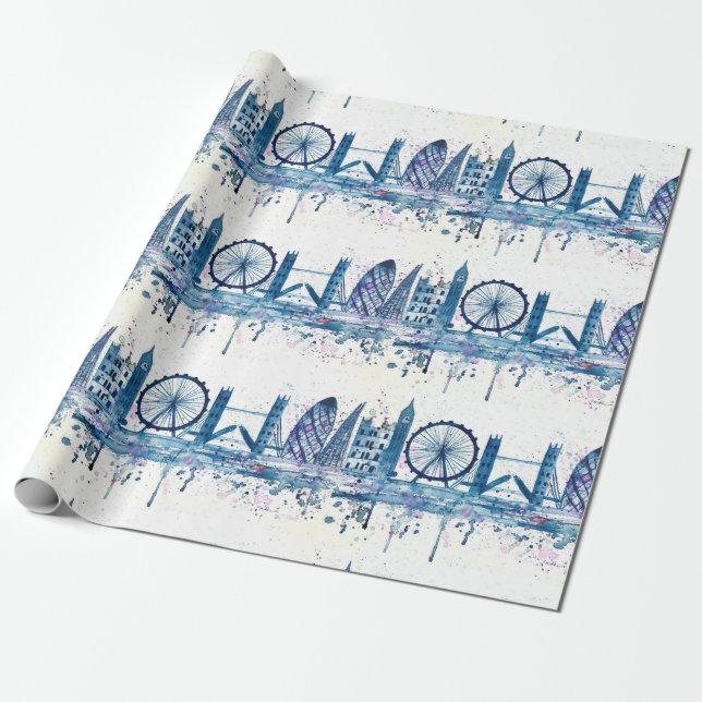 Papier Cadeau Aquarelle moderne Blue London (Déroulé)