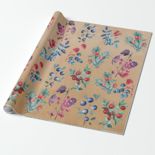 Papier Cadeau Aquarelle moderne Festif Berries d'hiver Kraft