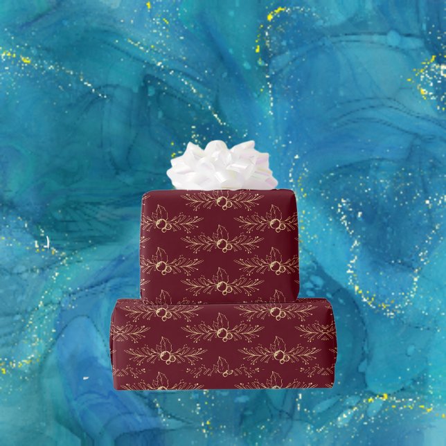 Papier Cadeau Aquarelle moderne Golden Christmas Holly Red (Créateur téléchargé)