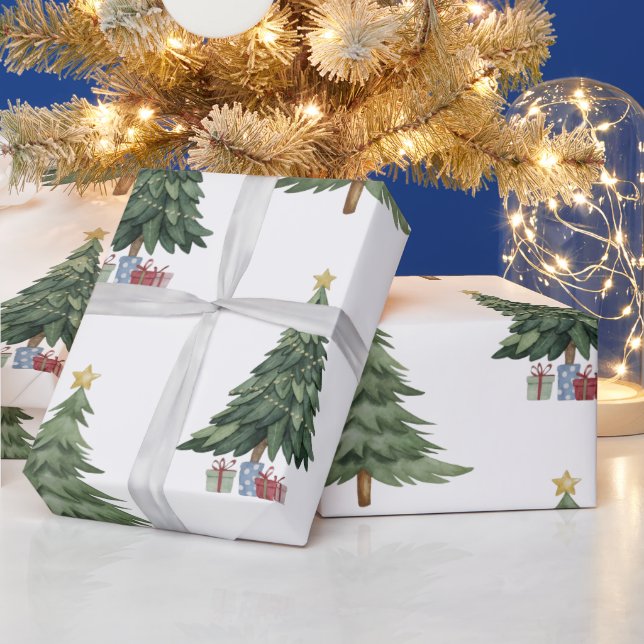 Papier Cadeau Aquarelle moderne hiver Arbre vert Noël (Vacances)