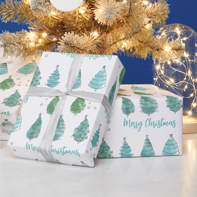 Papier Cadeau Aquarelle moderne Joyeux sapins verts de Noël (Vacances)