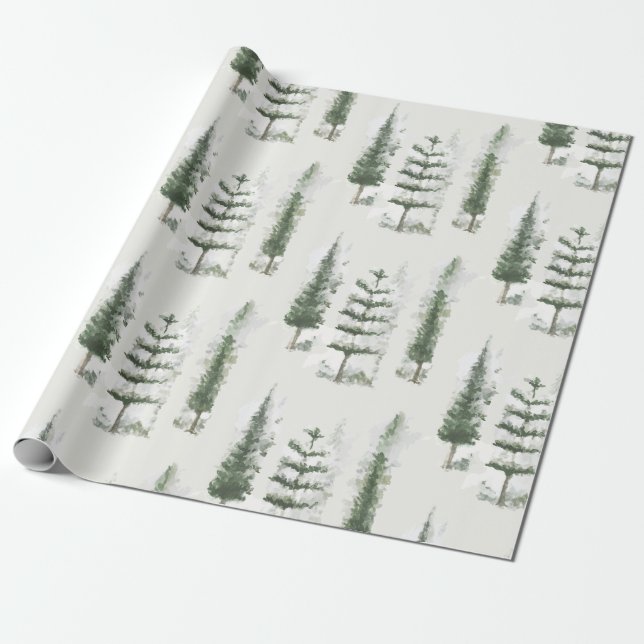 Papier Cadeau Aquarelle moderne Noël pin vert cadeau (Déroulé)