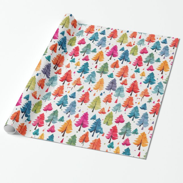 Papier Cadeau Aquarelle moderne Noël Pins colorés (Déroulé)