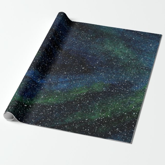 Papier Cadeau Aquarelle moderne Peint à la main Bleu Vert Galaxi (Déroulé)