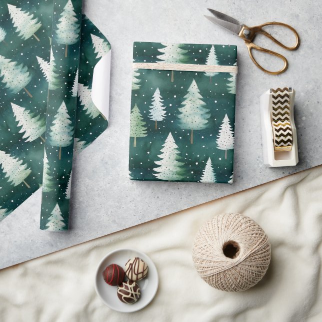 Papier Cadeau Aquarelle moderne Pine d'hiver Arbre vert Noël (Artisanat)