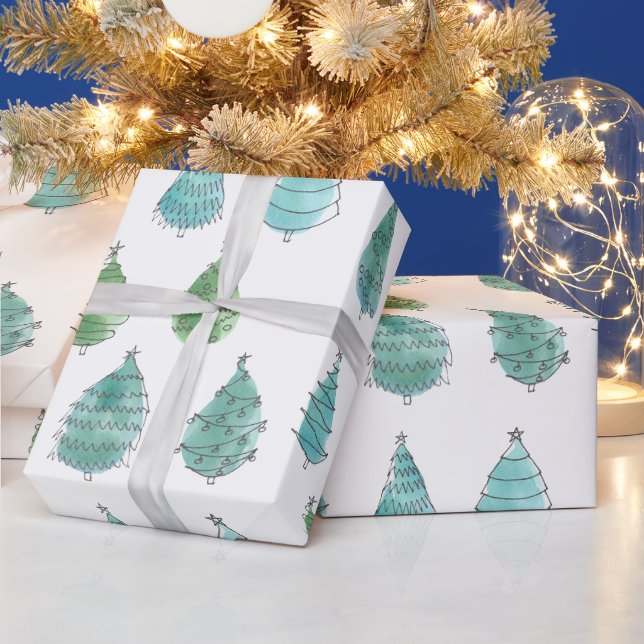 Papier Cadeau Aquarelle moderne Pins verts de Noël (Vacances)
