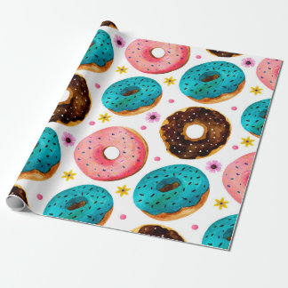 Papier Cadeau Aquarelle motif avec rose, bleu et chocolat d