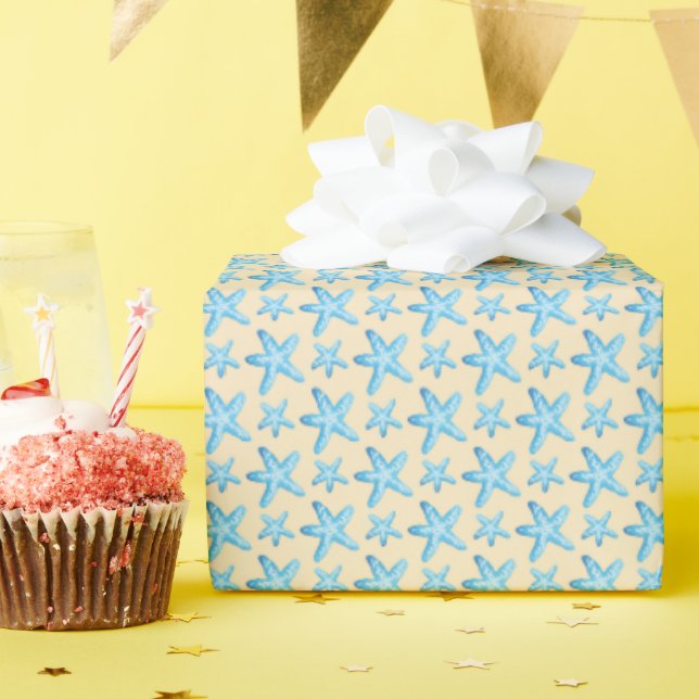 Papier Cadeau Aquarelle Motif de poisson étoilé bleu (Fête d'anniversaire)
