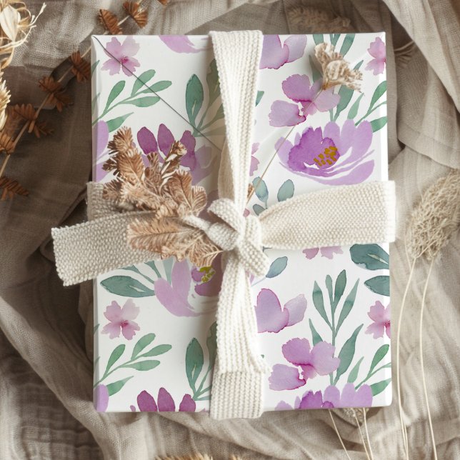 Papier Cadeau aquarelle motif floral rose et pourpre (Créateur téléchargé)