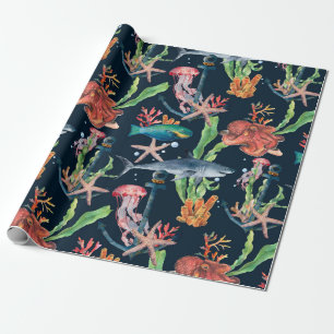 Papier Cadeau Aquarelle motif transparent avec requin et laminai