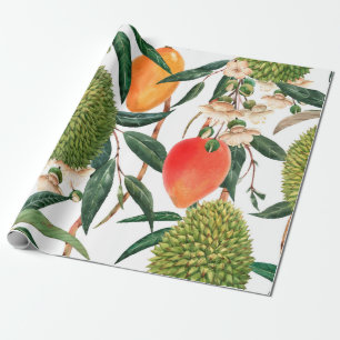 Papier Cadeau Aquarelle motif tropical, fruit durian, mangue