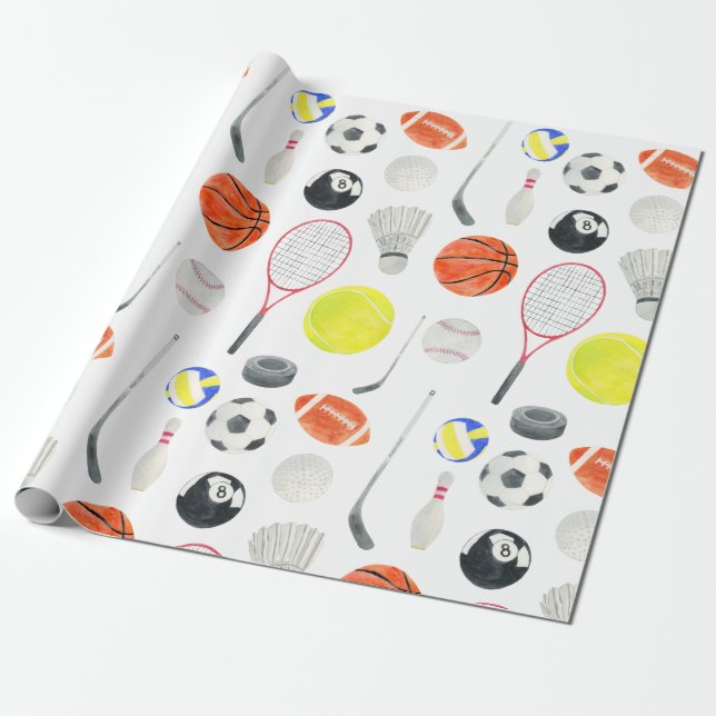 Papier Cadeau Aquarelle Multi Sport Motif Balls Raquettes Golf (Déroulé)
