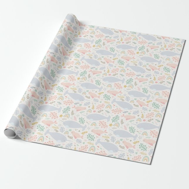 Papier Cadeau Aquarelle Narwhal et Motif de phoque (Déroulé)