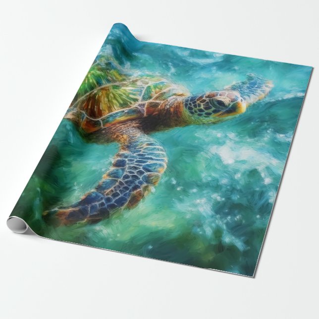 Papier Cadeau Aquarelle Natation Tortue de mer (Déroulé)