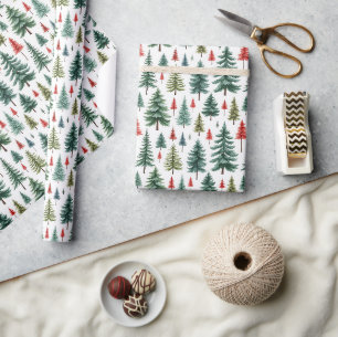 Papier Cadeau Aquarelle Noël Arbres sur Blanc