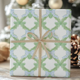 Papier Cadeau Aquarelle Noël Blue Bow Garland