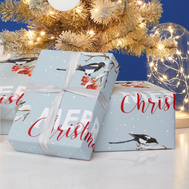 Papier Cadeau Aquarelle Noël Holly Magpie Oiseau Nature Art (Vacances)