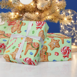 Papier Cadeau Aquarelle Noël pain d'épices biscuits homme chev