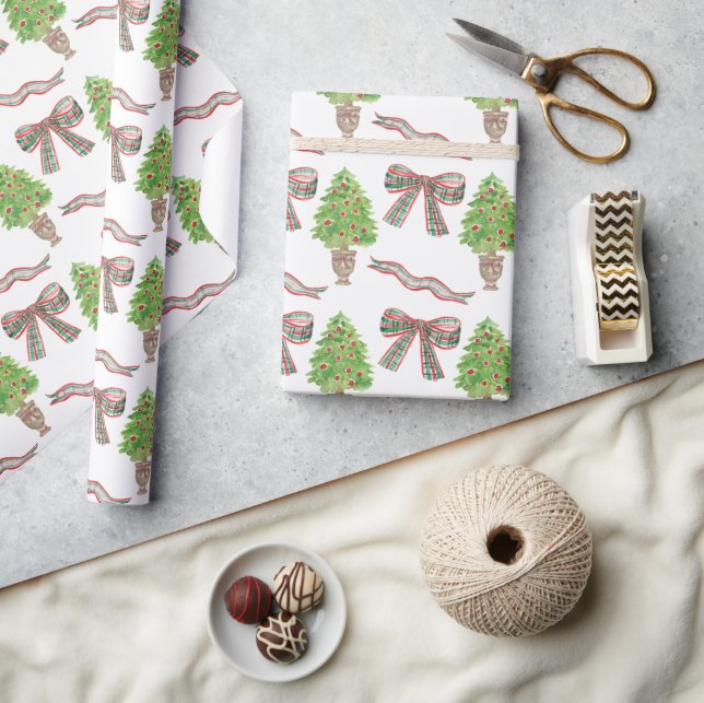 Papier Cadeau Aquarelle Noël Plaid Bow & Topiary (Artisanat)