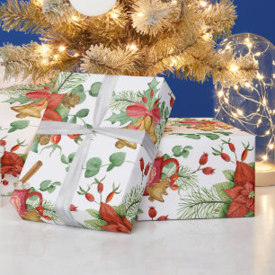 Papier Cadeau Aquarelle Noël Poinsettia et Cardinal Rouge