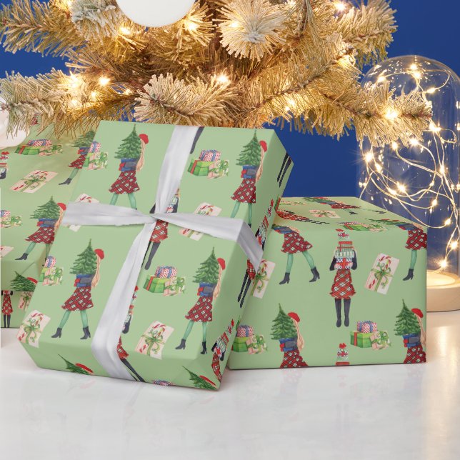 Papier Cadeau Aquarelle Noël Shopping Mode Fille (Vacances)