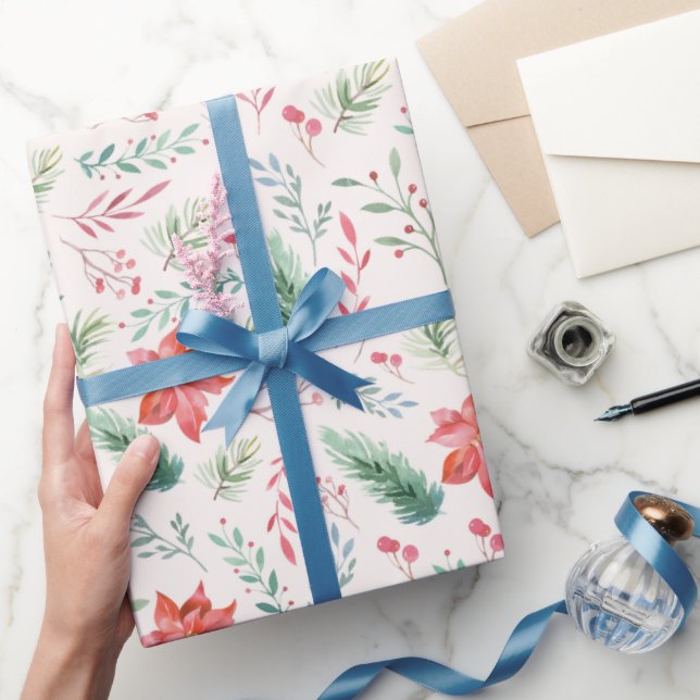 Papier Cadeau Aquarelle Noël Vert Flore rouge blanc (Cadeaux)