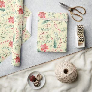 Papier Cadeau Aquarelle Noël Vert Rouge Flore Vert clair