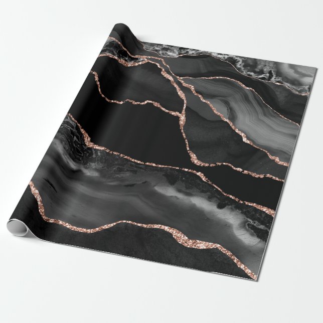 Papier Cadeau Aquarelle noire Agate Faux Rose Parties scintillan (Déroulé)