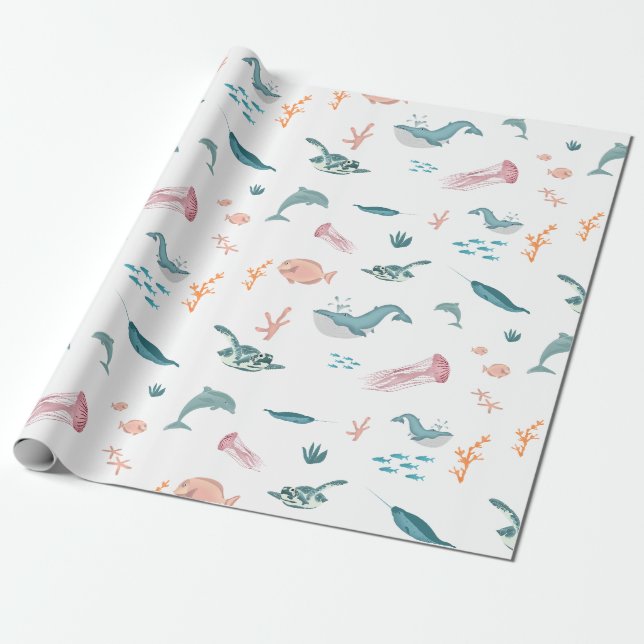 Papier Cadeau Aquarelle Océan Motif d'animaux marins (Déroulé)