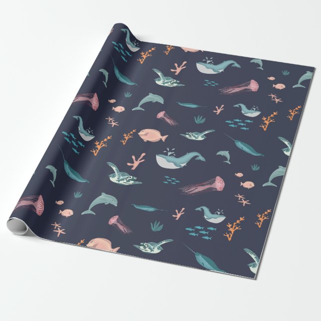 Papier Cadeau Aquarelle Océan Sea Animaux Motif bleu (Déroulé)