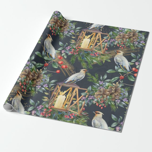 Papier Cadeau Aquarelle Oiseau et dessins de lanternes Noël (Déroulé)
