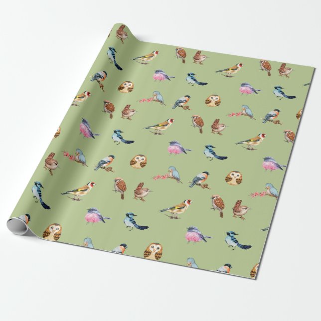 Papier Cadeau Aquarelle Oiseaux forestiers sauvages Vert (Déroulé)
