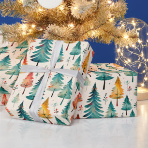 Papier Cadeau Aquarelle or et arbres verts de Noël