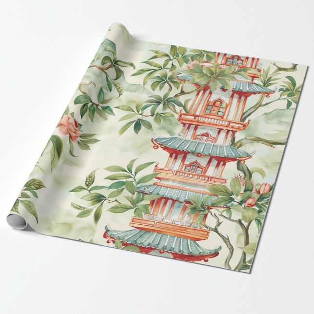 Papier Cadeau Aquarelle Pagode asiatique dans paysage verdoyant  (Déroulé)