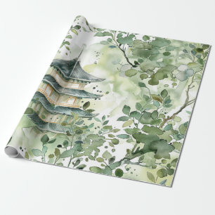Papier Cadeau Aquarelle Pagode asiatique dans paysage verdoyant 