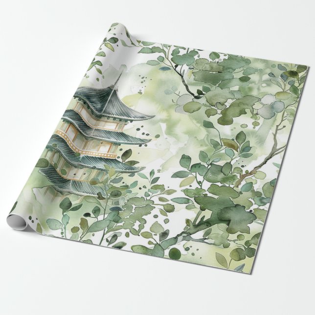 Papier Cadeau Aquarelle Pagode asiatique dans paysage verdoyant  (Déroulé)