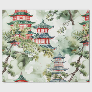 Papier Cadeau Aquarelle Pagode asiatique dans paysage verdoyant 