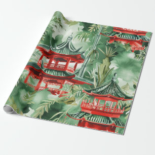 Papier Cadeau Aquarelle Pagode asiatique dans paysage verdoyant
