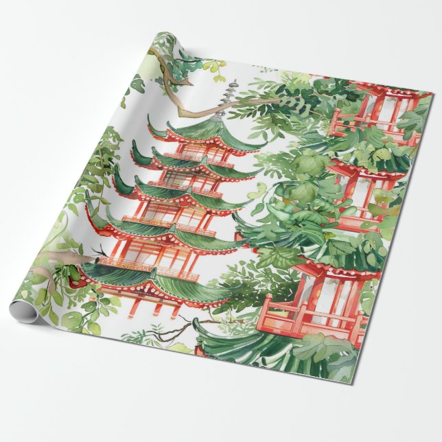 Papier Cadeau Aquarelle Pagode asiatique dans paysage verdoyant  (Déroulé)