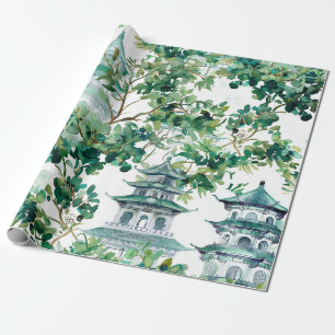 Papier Cadeau Aquarelle Pagode asiatique dans paysage verdoyant 