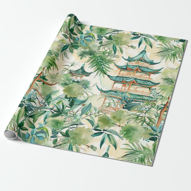Papier Cadeau Aquarelle Pagode asiatique dans paysage verdoyant  (Déroulé)