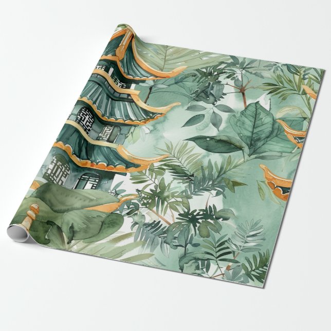 Papier Cadeau Aquarelle Pagode asiatique dans paysage verdoyant  (Déroulé)