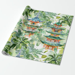 Papier Cadeau Aquarelle Pagode asiatique dans paysage verdoyant 
